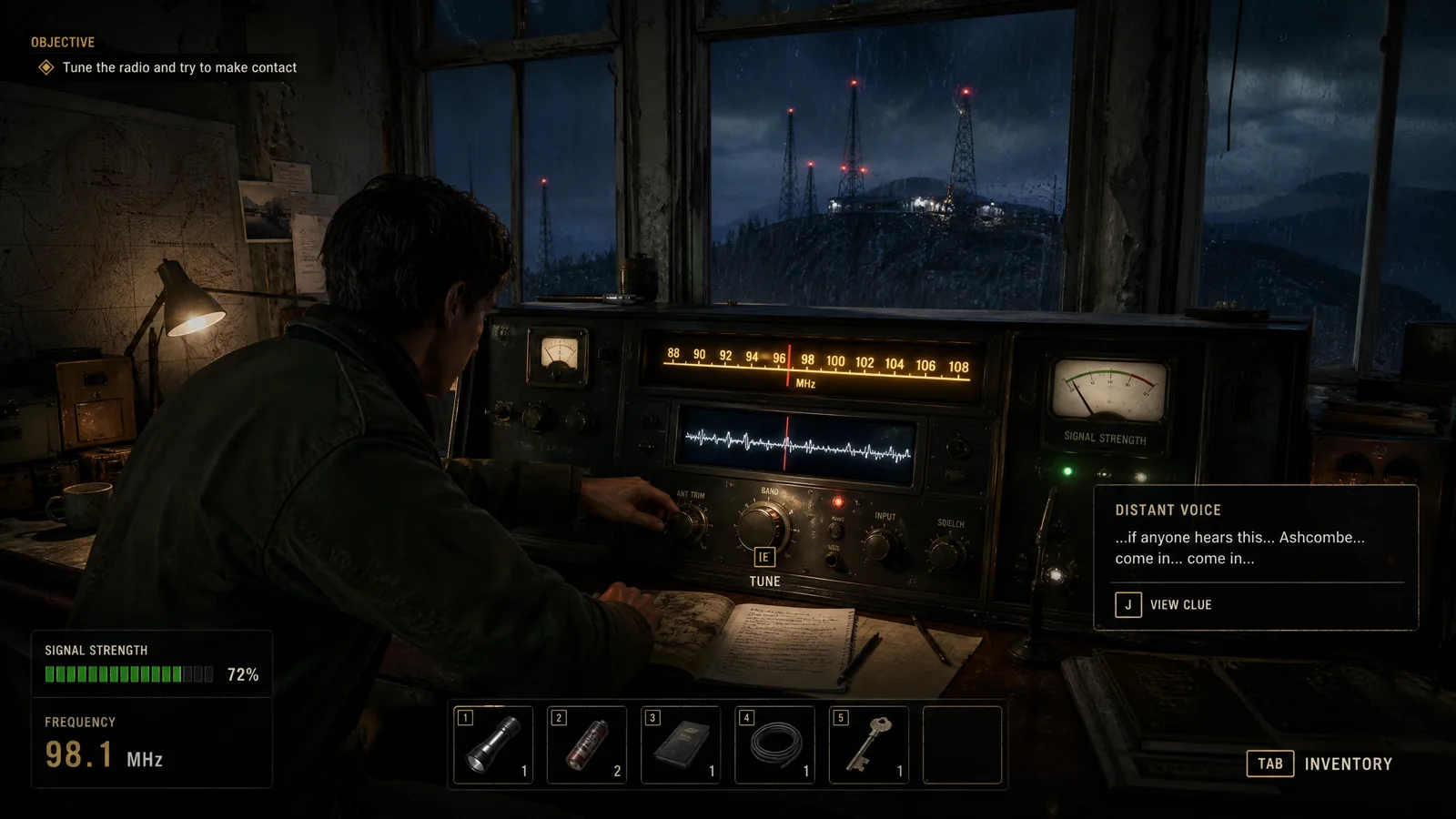 Narrative radio-station gameplay with waveform, frequency dial, dialogue clue and signal-strength HUD.