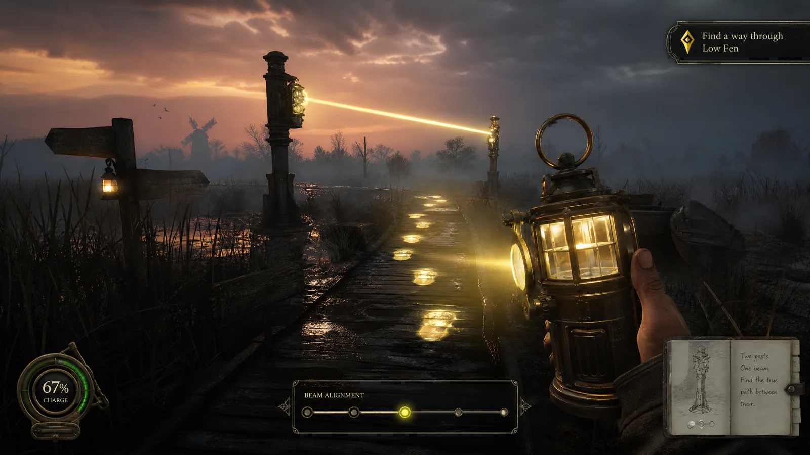 First-person fenland puzzle gameplay using a brass lantern with charge, beam alignment, notebook and objective HUD.