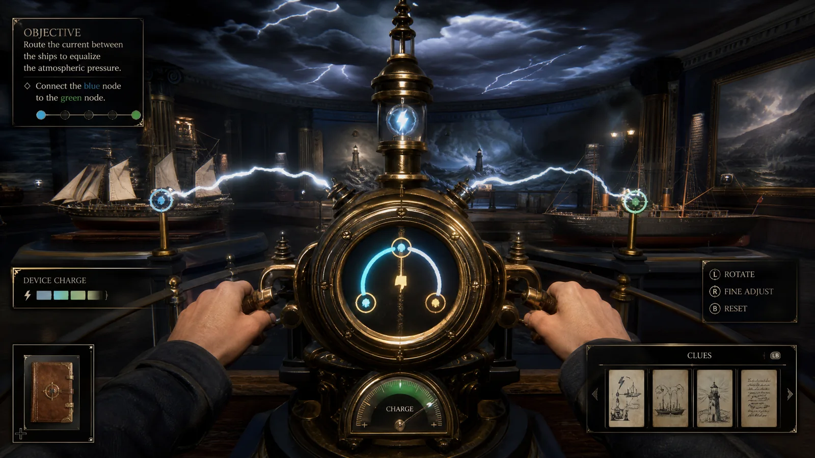 Museum weather-machine puzzle gameplay with charge, alignment nodes, clue cards and objective HUD.