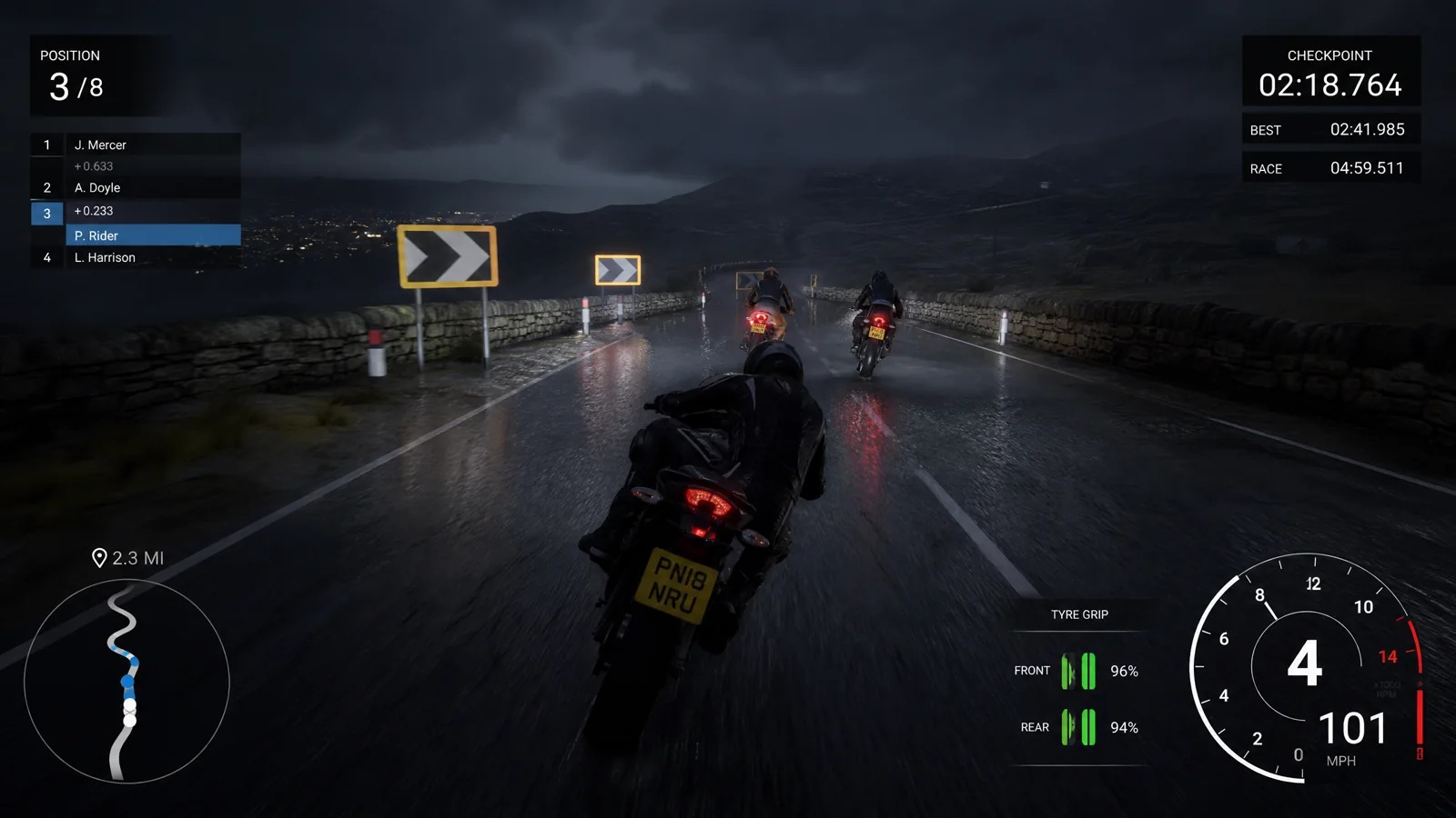 Motorcycle racing gameplay on a wet Pennine pass with speed, gear, checkpoint, position and grip HUD.